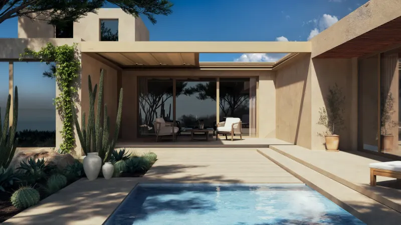 Grossflächiges Textildach B310 über einer Terrasse mit Pool an einem modernen Haus