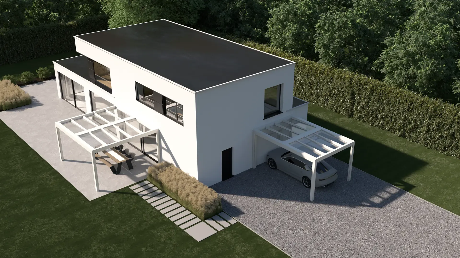 Weisses Glasdach B700 an einem modernen Wohnhaus, über Terrasse und Carport, mit Rasen und Hecke