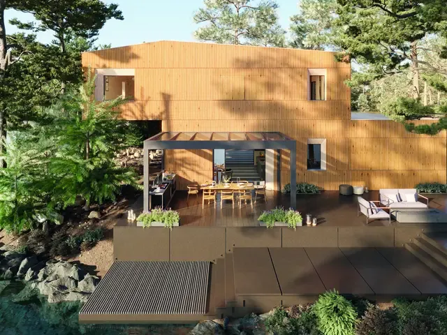 Glasdach B800 über einer Holzterrasse mit Ess- und Loungebereich an einem Haus mit Holzfassade