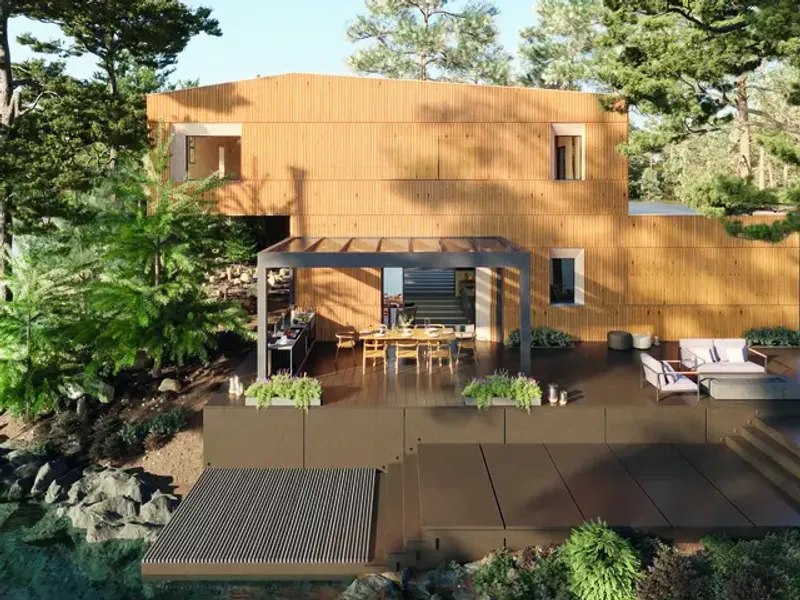 Glasdach B800 über einer Holzterrasse mit Ess- und Loungebereich an einem Haus mit Holzfassade