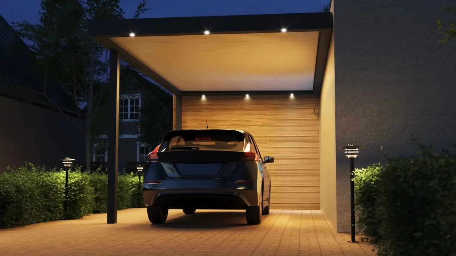 Carport mit fester Dachkonstruktion, die Fahrzeuge vor Wetter schützt