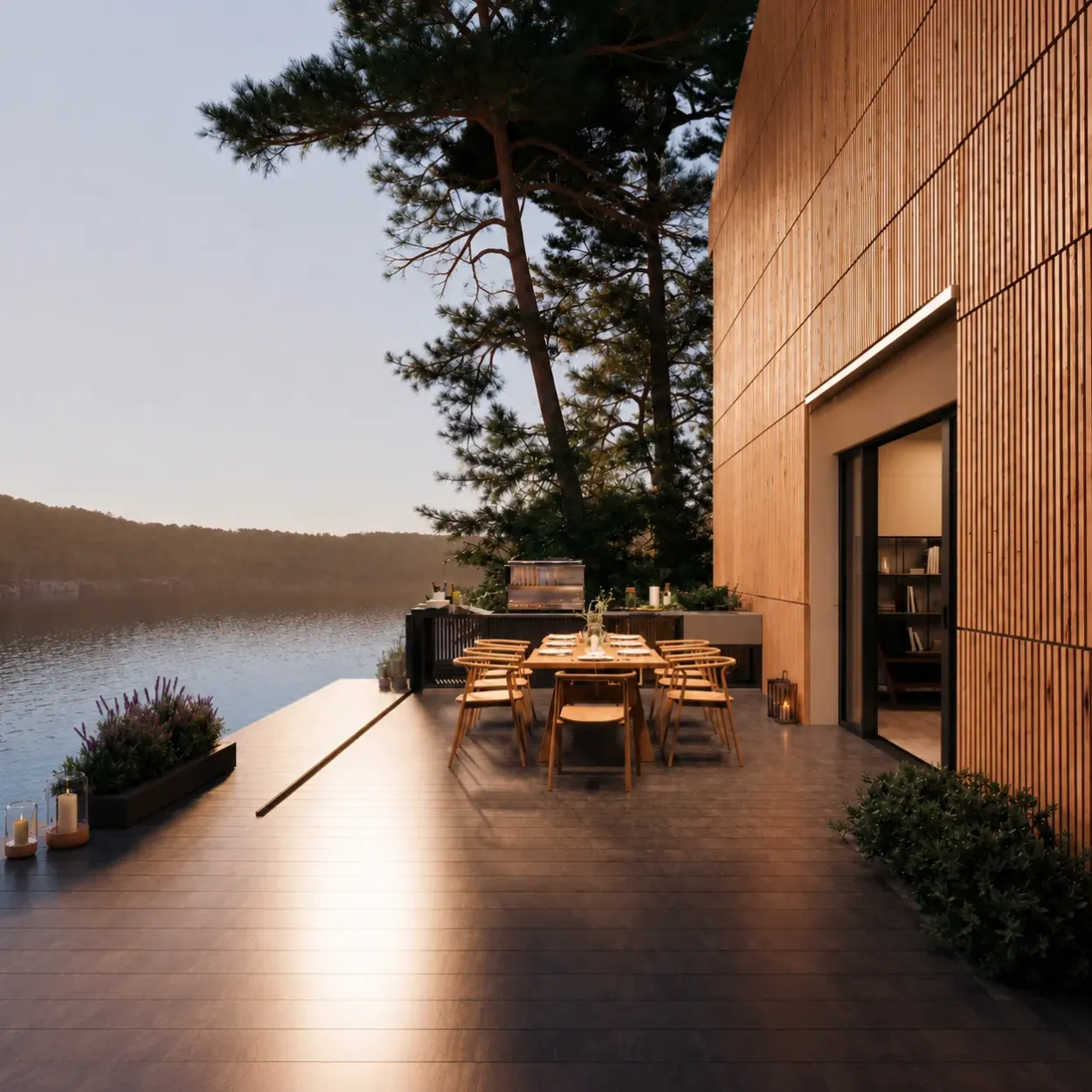 Offene Terrasse an einem Holzhaus am See, der Essplatz ohne Überdachung frei zum Himmel