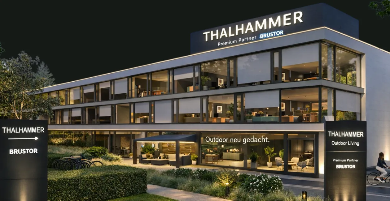 Showroom und Werkstatt von Thalhammer in Birmenstorf bei Dämmerung, beleuchtete Ausstellungsräume hinter Glas