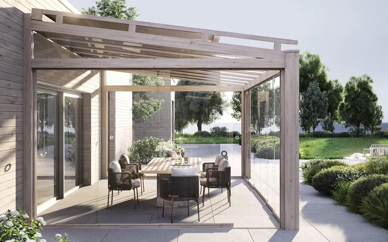Freistehende Pergola mit Glasdach über der Terrasse eines Seerestaurants