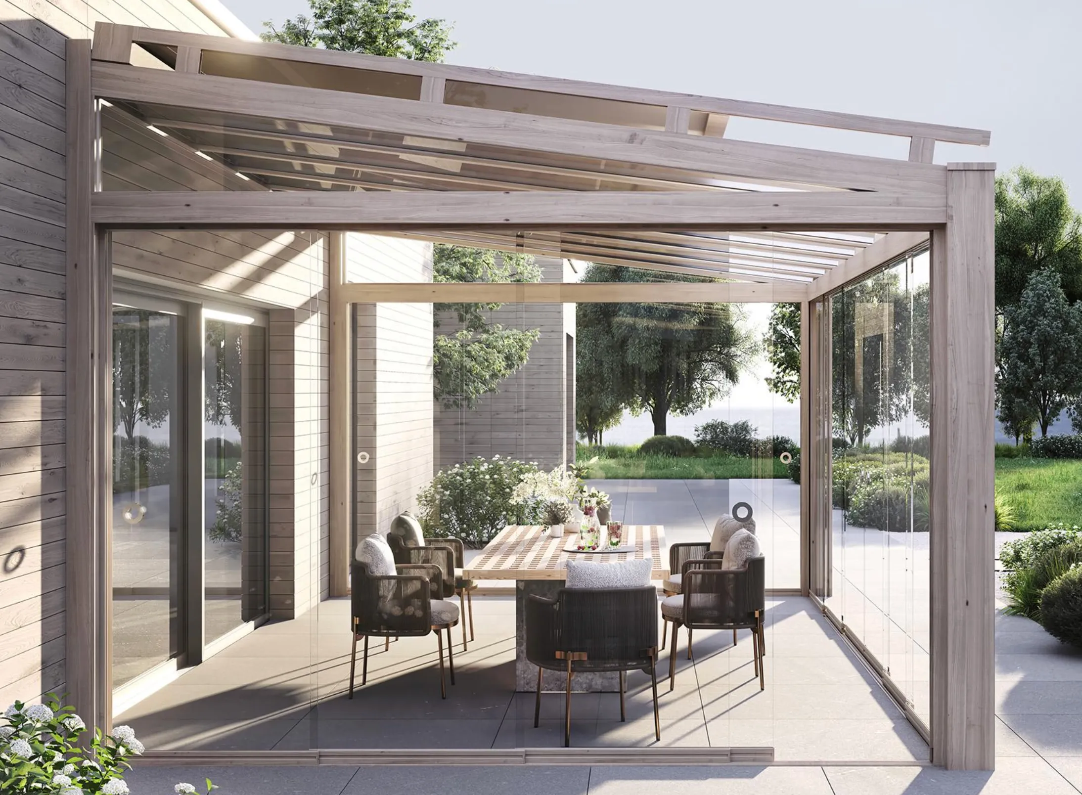 Freistehende Pergola mit Lamellendach über einer Terrasse