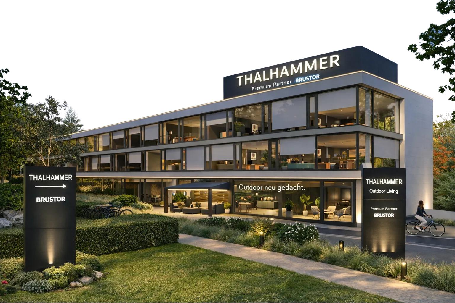 Beleuchteter Thalhammer-Ausstellungspavillon Brugtor bei Dämmerung mit überdachten Aussenbereichen