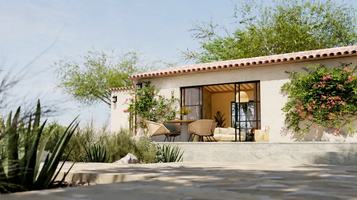 Offene Terrasse vor einem mediterranen Haus, der Sitzplatz ohne Beschattung in der Sonne